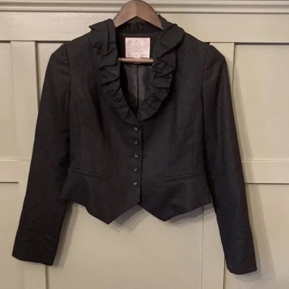 Rebecca Taylor Black Ruffle Front Button Down Blazer Jacket Stretch Wool Size 4 - Picture 1 of 10